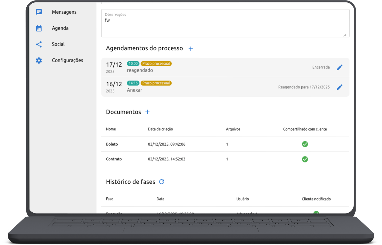 Detalhe de processo no desktop AdvCom