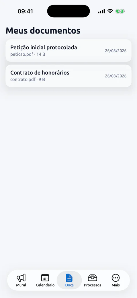 Meus documentos, no aplicativo do cliente, com a petição inicial e o contrato de honorários compartilhados pelo escritório.
