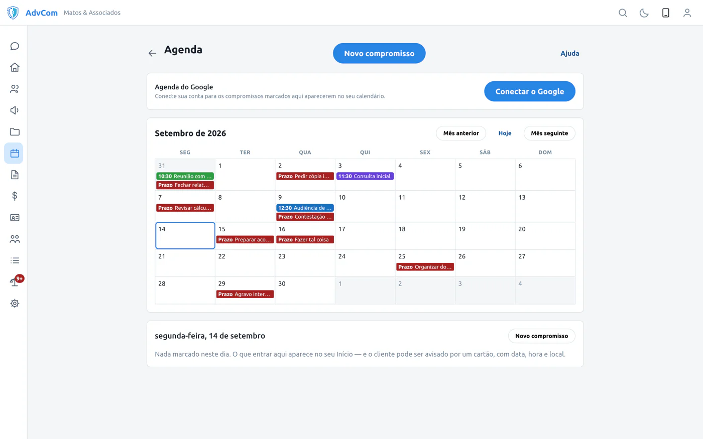 A agenda de setembro no computador, com prazos, uma reunião, uma consulta e uma audiência, e o convite para conectar a agenda do Google.
